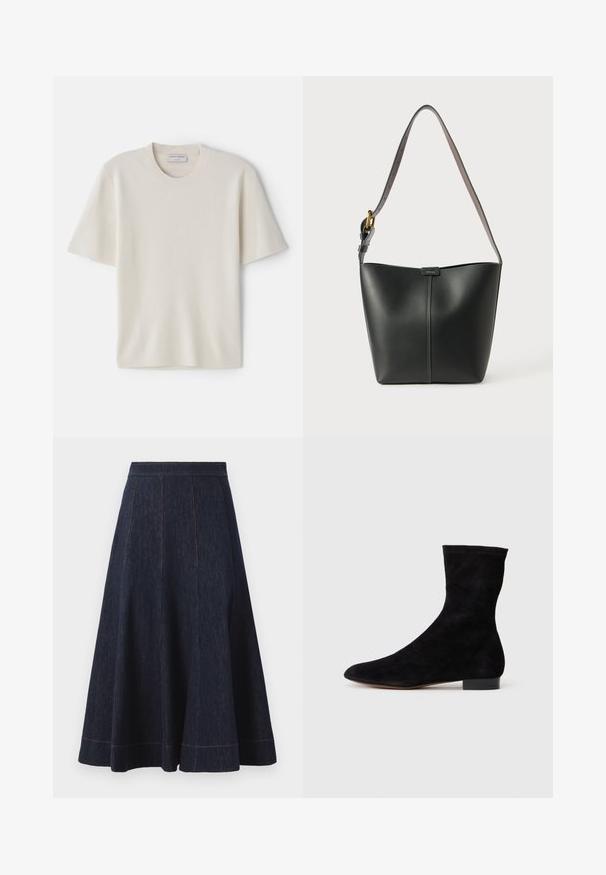 T-shirt crème à manches courtes avec un col rond, fabriquée à partir d'un matériau doux, arborant une coupe droite et un minimalisme dans les détails.; Jupe en denim bleu foncé avec une silhouette évasée, présentant des détails de couture verticaux et des coutures orange contrastantes le long de l'ourlet.; Bottine en suede noir avec une tige ajustée, un bout pointu et un petit talon bloc. Texture lisse et design minimaliste, adaptée à un styling polyvalent.; Sac à épaule en cuir noir avec une texture lisse, une forme incurvée et une seule bandoulière réglable avec des ferrures dorées et un accent de marque.