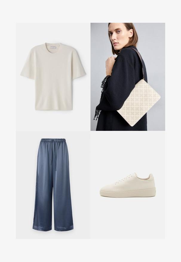 Kremos šviesiai geltonas trumpų rankoviu marškinėliai su apvaliu iškirpimu, pagaminti iš minkštos medžiagos, turintys tiesų siluetą ir minimalų dekorą.; Tamsiai mėlynos atlasinės plačios kojų kelnės su elastinga liemens juosta ir reguliuojamu raiščiu. Išsiskiria lygia tekstūra ir siaurinančiais rankogaliais apačioje.; Balti odiniai sportbačiai su suapvalintu pirštu, toniniu raišteliu ir storu platformos padu. Minimalistinis dizainas su lygiu paviršiumi ir be matomo prekės ženklo.; Bežinė raštuota pečių tašė su struktūrine forma, turinti rudą tekstūruotą diržą. Nešama modelio prieš pilką foną.