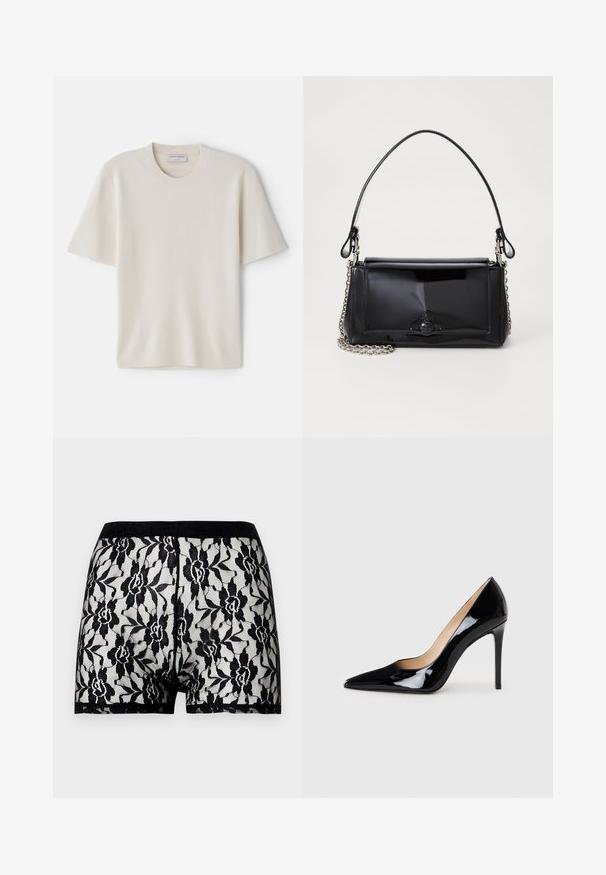 Kreem värvi lühikeste varrukatega T-särk ümmarguse kaelusega, valmistatud pehmest materjalist, omades sirget lõiget ja minimaalseid detailide rõhutusi.; Must kleidid musta lillemustriga ja kontrastse ühtlase musta vöökoha. Läbipaistev disain pehme tekstuuriga, keskmise reie pikkus.; Must matte musta kõrge kontsaga king, millel on terav varvas ja sujuv siluett. Omab sileda, läikivat viimistlust ja sale stiletto konts.; Mustmust mustkott mustmust mustkott, millel on ristkülikukujuline kuju, kettstrap ja silmapaistev viimistlusaktsent keskel. Sile tekstuur.