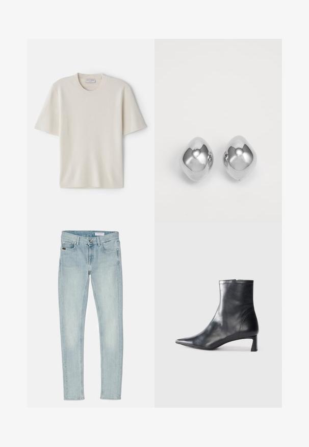 Krem majica s kratkim rukavima i okruglim izrezom, izrađena od mekanog materijala, s ravnim krojem i minimalnim detaljima.; Svijetloplave uske traperice s dugmetom, koje imaju pet džepova i diskretno izblijedjele dijelove na bedrima i koljenima.; Crne kožne gležnjače s uskim vrhom i elegantnim dizajnom. Imaju niski potpetak i zatvaranje na patentni zatvarač straga. Glatka tekstura.; Srebrne metalne naušnice s glatkim, zaobljenim oblikom, s poliranim završetkom i reflektirajućom površinom. Minimalistički dizajn bez ukrasa.