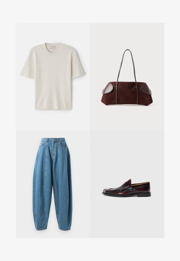 T-shirt curta de manga curta em creme, com decote redondo, feito de um material suave, com um corte reto e detalhes mínimos.; Jeans de denim azul de cintura alta e corte largo, com pregas, bolsos frontais, passadores de cinto e fecho de botão e zíper.; Mocassins de couro bordeaux escuro com costuras decorativas e um colarinho elevado, apresentando uma textura suave e uma sola baixa de borracha preta.; Bolsa de camurça castanha com acabamentos em pele, forma estruturada, duas alças de ombro e bordas arredondadas, apresentando uma textura suave e hardware mínimo.