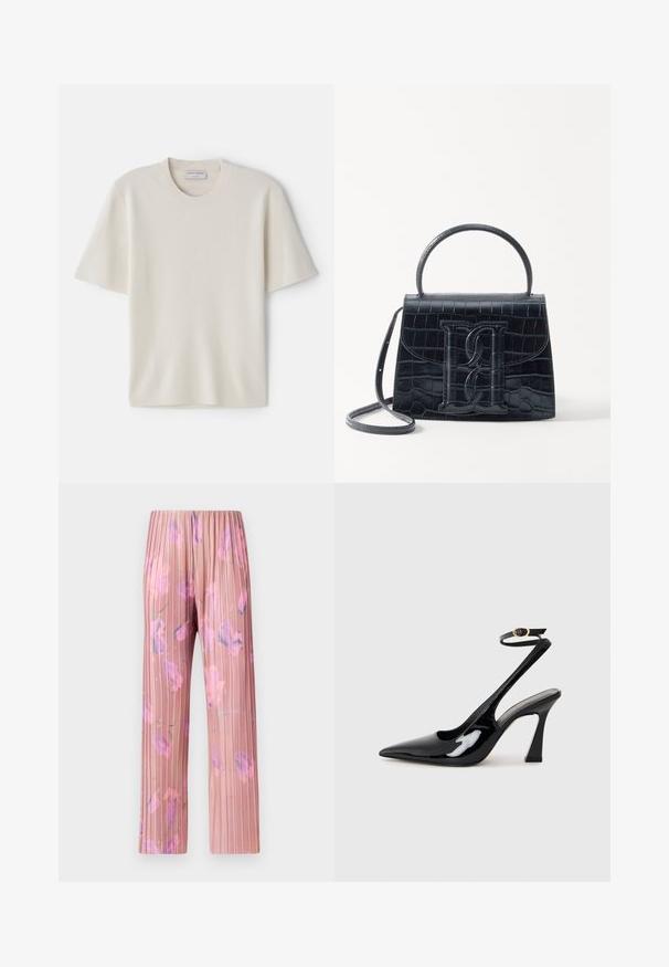Cream short-sleeve t-shirt with a round neckline, made from soft material, featuring a straight cut and minimal detailing.; MAX&Co. TOSCA - Trousers - pastel rose; Black patent leather slingback high heels with a pointed toe, adjustable ankle strap, and a moderate block heel. Smooth texture with glossy finish.; Black crocodile-embossed leather handbag with a structured design, top handle, adjustable strap, and a prominent front logo detail.