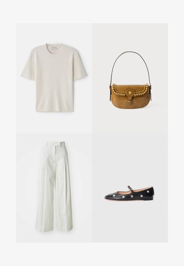 Krēmveidīga T-kreklu ar īsām piedurknēm, apaļo kakla izgriezumu, izgatavota no mīksta materiāla, ar taisnu griezumu un minimālu dekoru.; Gaiši zaļas platās bikses ar vertikālām baltām svītrām. Tām ir augsta jostasvieta, jostas cilpas un gluda kokvilnas tekstūra.; Melna ādas Mary Jane līdzena zābaku ar noapaļotu purngalu, kurā ir sudraba apaļie kniedes un regulējama siksniņa ar sprādzi.; Brūnas ādas rokassomi ar izliekta formu, kuru rotā zelta kniedes gar augšējo malu, īsa siksna un sprādzītes aizdare.