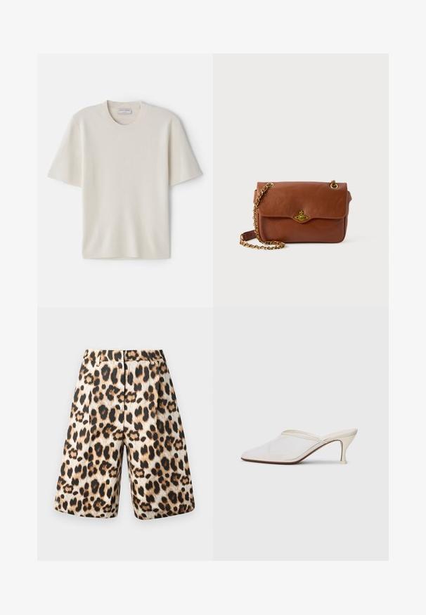 Krämfärgad t-shirt med korta ärmar och rund halsringning, tillverkad av mjukt material, med rak skärning och minimal detaljering.; Leopardmönstrade shorts med en blandning av beige och svarta nyanser, plisserad design och sidfickor. Tillverkade av ett mjukt tyg med en blank finish.; Vit nät-mule med spetsig tå, smal klack i medelhöjd och slip-on design mot en enkel bakgrund.; Brun lädercrossbodyväska med klaffstängning, guldfärgad hårdvara och kedjesnodd. Slät textur, rektangulär form, minimal detaljering.