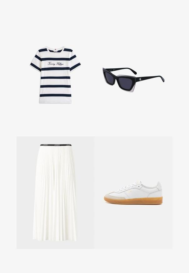 Cotton T-shirt with horizontal navy stripes on a white background. "Tommy Hilfiger" embroidered in cursive on the chest. Crew neckline.; Pleated white skirt with a black elastic waistband featuring the "LACOSTE" logo. Mid-length design with soft texture.; White leather sneaker with beige suede accents, gum rubber sole, and lace-up design. Features subtle branding in gold.; Black oversized sunglasses with a geometric shape, featuring dark lenses and a contrasting grey detail on the frame. Logo on the arm.
