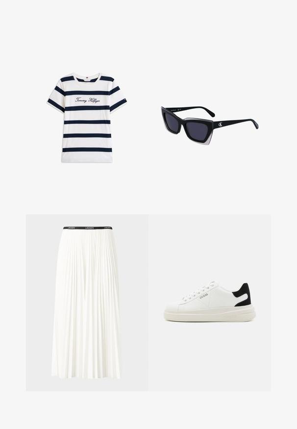 Cotton T-shirt with horizontal navy stripes on a white background. "Tommy Hilfiger" embroidered in cursive on the chest. Crew neckline.; Pleated white skirt with a black elastic waistband featuring the "LACOSTE" logo. Mid-length design with soft texture.; White leather sneakers with a thick white sole, black suede heel accent, and embossed logo on the side. Laced design with six eyelets.; Black oversized sunglasses with a geometric shape, featuring dark lenses and a contrasting grey detail on the frame. Logo on the arm.