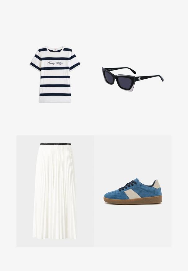 Kokvilnas T-krekls ar horizontālām tumši zilām svītrām uz balta fona. "Tommy Hilfiger" izšūts skriptā uz krūšu daļas. Cauruma apkakle.; Gari plānas baltas svārku ar melnu elastīgu jostu, uz kuras redzams "LACOSTE" logo. Vidēja garuma dizains ar mīkstu tekstūru.; Zili zamšaini sporta apavi ar beige ādas akcentu, tumšām auklām un teksturētu gumijas zoli; zema profila dizains ar noapaļotu purngalu.; Melni pārmēru saulesbrilles ar ģeometrisku formu, kas aprīkotas ar tumšiem stikliem un kontrastējošu pelēku akcentu uz rāmja. Logo uz kājas.