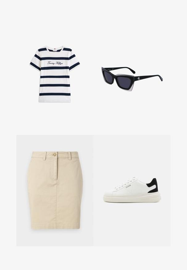 Tricou din bumbac cu dungi orizontale bleumarin pe un fundal alb. "Tommy Hilfiger" brodat în stil cursiv pe piept. Decolteu rotund.; Fustă din bumbac bej, cu croi drept, închidere frontală cu nasturi și bucle pentru curea. Textură netedă și design de lungime până la genunchi. Stil simplu și clasic.; Adidași din piele albă cu o talpă groasă albă, accent de călcâi din suede negru și logo embosat pe lateral. Design cu șireturi și șase orificii.; Ochelari de soare supradimensionați, negri, cu o formă geometrică, având lentile întunecate și un detaliu gri contrastant pe ramă. Logo pe braț.