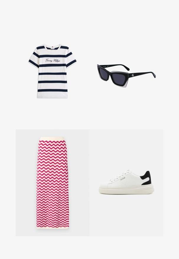Koftet laget av bomull har horisontale marineblå striper på hvit bakgrunn. "Tommy Hilfiger" brodert i kursiv på brystet. Rund hals.; Strikket midi-skjørt med bølget mønster i rosa og hvitt. Elastisk midjebånd og teksturert overflate. Rett silhuett og anklelengde.; Hvite lær sneakers med tykk hvit såle, svart semsket hælforsterkning og preget logo på siden. Snøresystem med seks hull.; Store svarte solbriller i overdimensjonert størrelse med geometrisk form, med mørke linser og en kontrasterende grå detalj på rammen. Logo på armen.