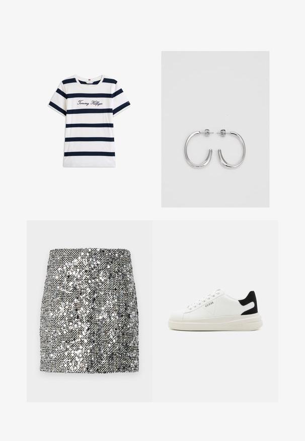 Tricou din bumbac cu dungi orizontale bleumarin pe un fundal alb. "Tommy Hilfiger" brodat în stil cursiv pe piept. Decolteu rotund.; Fustă mini cu paiete, prezentând un scheme de culori metalizate argintii și negre, suprafață texturată cu paiete reflective și un design ajustat.; Adidași din piele albă cu o talpă groasă albă, accent de călcâi din suede negru și logo embosat pe lateral. Design cu șireturi și șase orificii.; Cercei creole din argint cu suprafață netedă și lucioasă, având o formă curbată și închidere cu tija. Design minimalist cu un finisaj modern.