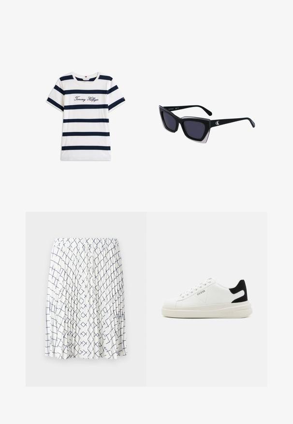 Baumwoll-T-Shirt mit horizontalen navy-blauen Streifen auf weißem Hintergrund. "Tommy Hilfiger" in Kursivschrift auf der Brust gestickt. Runder Halsausschnitt.; Weißer Rock mit einem plissierten Design, das ein navyblaues geometrisches Muster mit sich kreuzenden Linien aufweist. Elastischer Bund mit Kordelzug.; Weiße Leder-Sneaker mit einer dicken weißen Sohle, schwarzem Wildlederakzent an der Ferse und geprägtem Logo an der Seite. Schnürdesign mit sechs Ösen.; Schwarze übergroße Sonnenbrille mit geometrischer Form, ausgestattet mit dunklen Gläsern und einem kontrastierenden grauen Detail im Rahmen. Logo am Bügel.