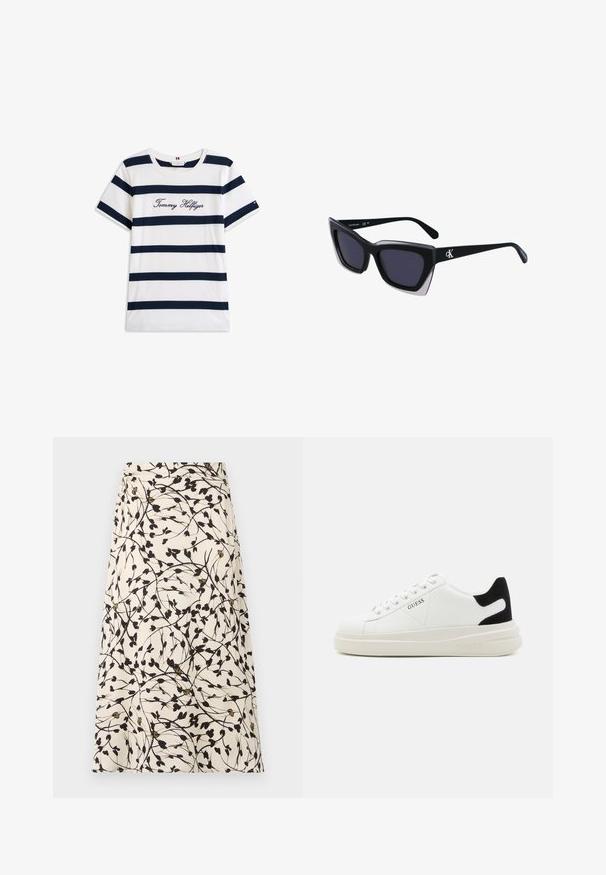 Fehér alapú, vízszintes sötétkék csíkos pamut póló. A mellkason írásos stílusban hímzett "Tommy Hilfiger" felirat. Kerek nyakú.; Egy bézs szoknya fekete virágmintával és vékony ágakkal. A mintázat kis leveleket és időnként aranyszínű akcentusokat tartalmaz.; Fehér bőr sportcipők vastag fehér talppal, fekete velúr sarokpikkelyel és dombornyomott logóval az oldalon. Fűzős kialakítás, hat fűzőlyukkal.; Fekete, nagyméretű napszemüveg geometrikus formával, sötét lencsékkel és kontrasztos szürke részlettel a kereten. Logó a szárán.