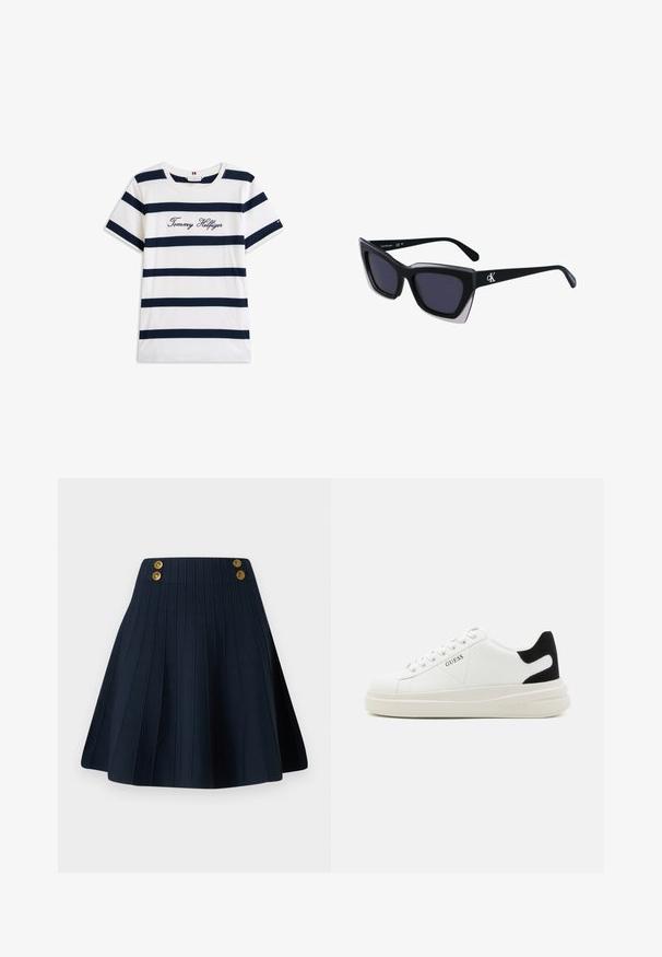 Puuvillainen t-paita, jossa on vaakasuoria tummansinisiä raitoja valkoisella taustalla. "Tommy Hilfiger" brodeerattu kursiivilla rintamuksessa. Pyöreä kaula-aukko.; Laivastonsininen laskostettu hame, jossa on kuvioitu kangas, korkea vyötärö ja kaksi kultakuvioista nappia edessä, luoden siistit linjat ja rakenteellisen muodon.; Valkoiset nahkakengät paksulla valkoisella pohjalla, mustalla mokkanahkaosuudella kannassa ja kohokuvioitu logo sivulla. Nauhakeskitys kuudella reiällä.; Mustat ylisuuret aurinkolasit, joissa on geometrinen muoto, tummat linssit ja kehykseen erottuva harmaa yksityiskohta. Logo varressa.