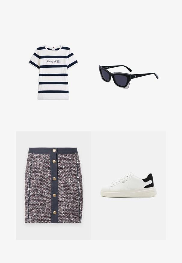 T-shirt en coton avec des rayures horizontales bleu marine sur un fond blanc. "Tommy Hilfiger" brodé en écriture cursive sur la poitrine. Encolure ras du cou.; Jupe en tweed tissé bleu marine, rouge et blanc. Elle présente une large ceinture, une fermeture à boutons à l'avant et des poches latérales. Tissu texturé avec des motifs subtils.; Baskets en cuir blanc avec une épaisse semelle blanche, un accent en daim noir au niveau du talon et un logo embossé sur le côté. Design à lacets avec six œillets.; Lunettes de soleil noires surdimensionnées avec une forme géométrique, dotées de verres foncés et d'un détail gris contrastant sur la monture. Logo sur la branche.; Boucles d'oreilles en métal argenté avec une forme larmoyante lisse et une finition polie. Des gravures subtiles ajoutent des détails. Design minimaliste.
