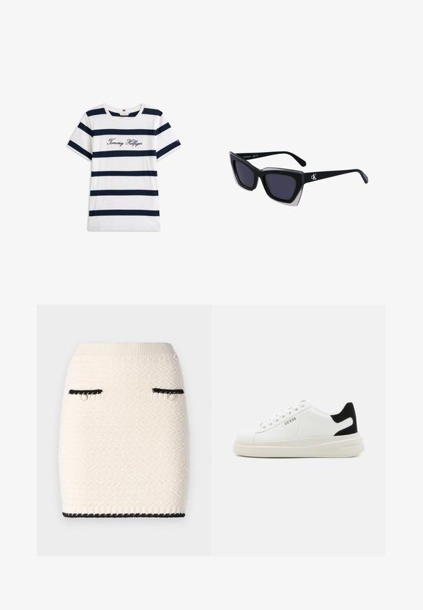 Kokvilnas T-krekls ar horizontālām tumši zilām svītrām uz balta fona. "Tommy Hilfiger" izšūts skriptā uz krūšu daļas. Cauruma apkakle.; Adīta mini svārki krēmkrāsā ar teksturētu zigzag rakstu, papildināti ar melnu apdari ap kabatām un apakšmalu, kā arī ar zelta toņa aparatūru.; Baltas ādas sporta apavi ar biezu balto zoli, melna zamša uzpura un izspiestais logotips sānos. Šņorējuma dizains ar sešiem acu caurumiem.; Melni pārmēru saulesbrilles ar ģeometrisku formu, kas aprīkotas ar tumšiem stikliem un kontrastējošu pelēku akcentu uz rāmja. Logo uz kājas.