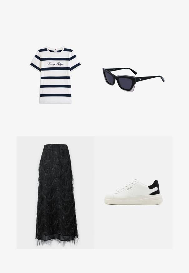 Puuvillainen t-paita, jossa on vaakasuoria tummansinisiä raitoja valkoisella taustalla. "Tommy Hilfiger" brodeerattu kursiivilla rintamuksessa. Pyöreä kaula-aukko.; Mustat midi-hameet, joissa on kerroksellista fringea ja aaltoilukuosia. Valmistettu läpikuultavasta materiaalista, jonka reunoilla on kimaltavia yksityiskohtia.; Valkoiset nahkakengät paksulla valkoisella pohjalla, mustalla mokkanahkaosuudella kannassa ja kohokuvioitu logo sivulla. Nauhakeskitys kuudella reiällä.; Mustat ylisuuret aurinkolasit, joissa on geometrinen muoto, tummat linssit ja kehykseen erottuva harmaa yksityiskohta. Logo varressa.