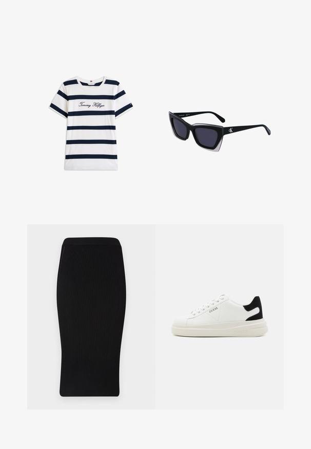 T-shirt i bomull med horisontella marinblå ränder på vit bakgrund. "Tommy Hilfiger" broderat i kursiv på bröstet. Rund halsringning.; Svart ribbad blyertskjol med en figurnära silhuett, slät midjeband och midilängd. Tillverkad av ett elastiskt, strukturerat tyg.; Vita lädersneakers med en tjock vit sula, svartsuede hälaccent och präglad logotyp på sidan. Snörningsdesign med sex öglor.; Svart överdimensionerade solglasögon med geometrisk form, med mörka linser och en kontrasterande grå detalj på ramen. Logotyp på bygeln.