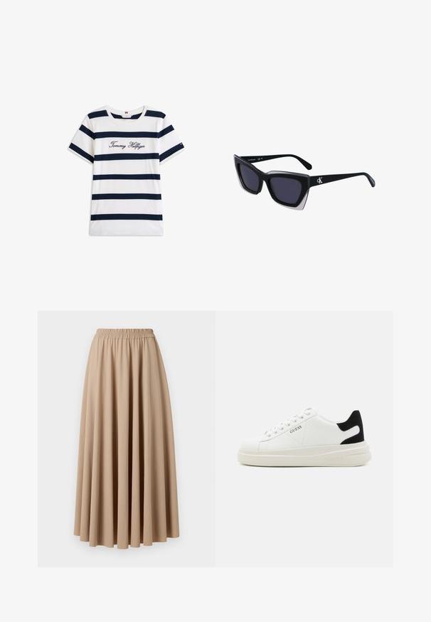 Tricou din bumbac cu dungi orizontale bleumarin pe un fundal alb. "Tommy Hilfiger" brodat în stil cursiv pe piept. Decolteu rotund.; Fustă maxi bej cu talie elastică, confecționată dintr-un material moale cu un design fluid și plisat. Textură netedă, culoare uniformă.; Adidași din piele albă cu o talpă groasă albă, accent de călcâi din suede negru și logo embosat pe lateral. Design cu șireturi și șase orificii.; Ochelari de soare supradimensionați, negri, cu o formă geometrică, având lentile întunecate și un detaliu gri contrastant pe ramă. Logo pe braț.