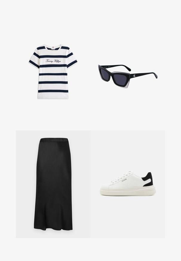 Cotton T-shirt with horizontal navy stripes on a white background. "Tommy Hilfiger" embroidered in cursive on the chest. Crew neckline.; Black, satin midi skirt with an elastic waistband. Smooth texture and simple design, tapering slightly at the hem for a fluid silhouette.; White leather sneakers with a thick white sole, black suede heel accent, and embossed logo on the side. Laced design with six eyelets.; Black oversized sunglasses with a geometric shape, featuring dark lenses and a contrasting grey detail on the frame. Logo on the arm.