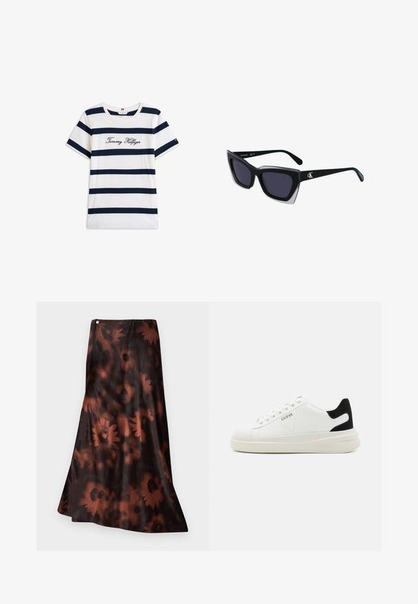 Katoenen T-shirt met horizontale marineblauwe strepen op een witte achtergrond. "Tommy Hilfiger" geborduurd in cursieve letters op de borst. Ronde hals.; Lange rok in een vloeiende ontwerp, met een donkerbruine basis en een bloemenpatroon in rijke roesttinten en een soepele, glanzende textuur.; Witte leren sneakers met een dikke witte zool, zwarte suède hielaccent en een geperst logo op de zijkant. Vetersluiting met zes oogjes.; Zwarte oversized zonnebril met een geometrische vorm, voorzien van donkere glazen en een contrasterend grijs detail op het montuur. Logo op de arm.; Zilveren oorringen met een glad, glanzend oppervlak, met een gebogen vorm en een sluiting met steker. Minimalistisch ontwerp met een moderne afwerking.