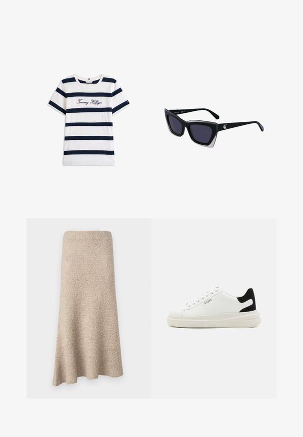 T-shirt in cotone con righe orizzontali blu navy su sfondo bianco. "Tommy Hilfiger" ricamato in corsivo sul petto. Collo a giro.; Gonna jeans lunghezza ginocchio, a trapezio, in morbido materiale beige con superficie testurizzata e senza chiusure o motivi visibili.; Sneaker bianchi in pelle con suola spessa bianca, accento in suede nero sul tallone e logo impresso sul lato. Design con lacci e sei fori per i lacci.; Occhiali da sole oversize neri dalla forma geometrica, con lenti scure e un dettaglio grigio a contrasto sulla montatura. Logo sul braccio.