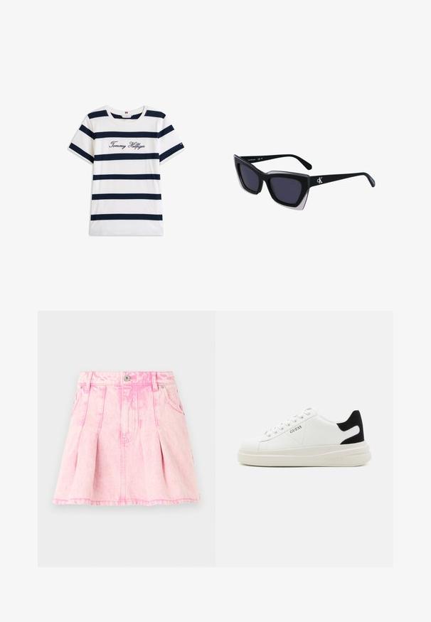 T-shirt i bomull med horisontella marinblå ränder på vit bakgrund. "Tommy Hilfiger" broderat i kursiv på bröstet. Rund halsringning.; Rosenblå denimkjol med veck, knapp- och dragkedjestängning, fem fickor och dekorativ sutur. Sliten textur i en ljus nyans.; Vita lädersneakers med en tjock vit sula, svartsuede hälaccent och präglad logotyp på sidan. Snörningsdesign med sex öglor.; Svart överdimensionerade solglasögon med geometrisk form, med mörka linser och en kontrasterande grå detalj på ramen. Logotyp på bygeln.