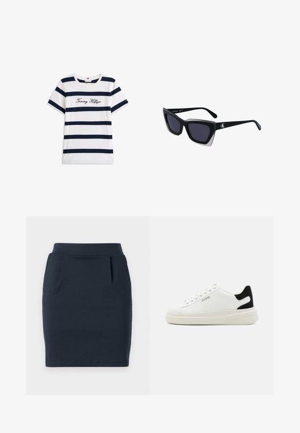 Puuvillainen t-paita, jossa on vaakasuoria tummansinisiä raitoja valkoisella taustalla. "Tommy Hilfiger" brodeerattu kursiivilla rintamuksessa. Pyöreä kaula-aukko.; Tummansinisestä joustavasta jersey-kankaasta valmistettu hame, jossa on tiivis siluetti, sileä vyötärö ja kaksi etutaskua.; Valkoiset nahkakengät paksulla valkoisella pohjalla, mustalla mokkanahkaosuudella kannassa ja kohokuvioitu logo sivulla. Nauhakeskitys kuudella reiällä.; Mustat ylisuuret aurinkolasit, joissa on geometrinen muoto, tummat linssit ja kehykseen erottuva harmaa yksityiskohta. Logo varressa.