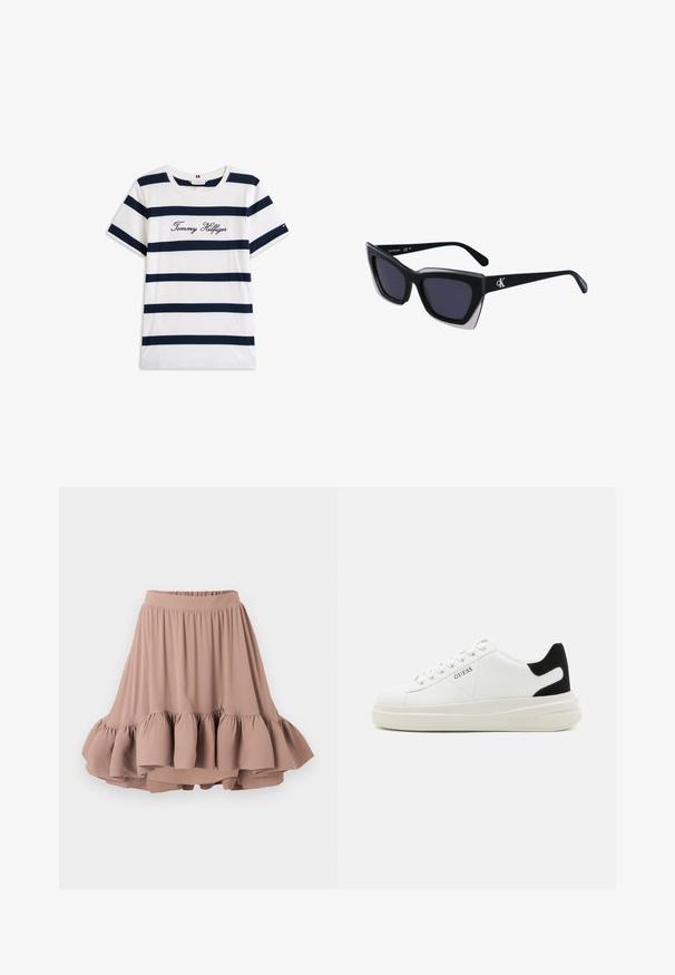 Fehér alapú, vízszintes sötétkék csíkos pamut póló. A mellkason írásos stílusban hímzett "Tommy Hilfiger" felirat. Kerek nyakú.; Világosbarna, térd fölé érő szoknya puha anyagból, széles derékpánttal és enyhén bővülő, réteges fodros szegéllyel. Az anyag sima tapintású.; Fehér bőr sportcipők vastag fehér talppal, fekete velúr sarokpikkelyel és dombornyomott logóval az oldalon. Fűzős kialakítás, hat fűzőlyukkal.; Fekete, nagyméretű napszemüveg geometrikus formával, sötét lencsékkel és kontrasztos szürke részlettel a kereten. Logó a szárán.