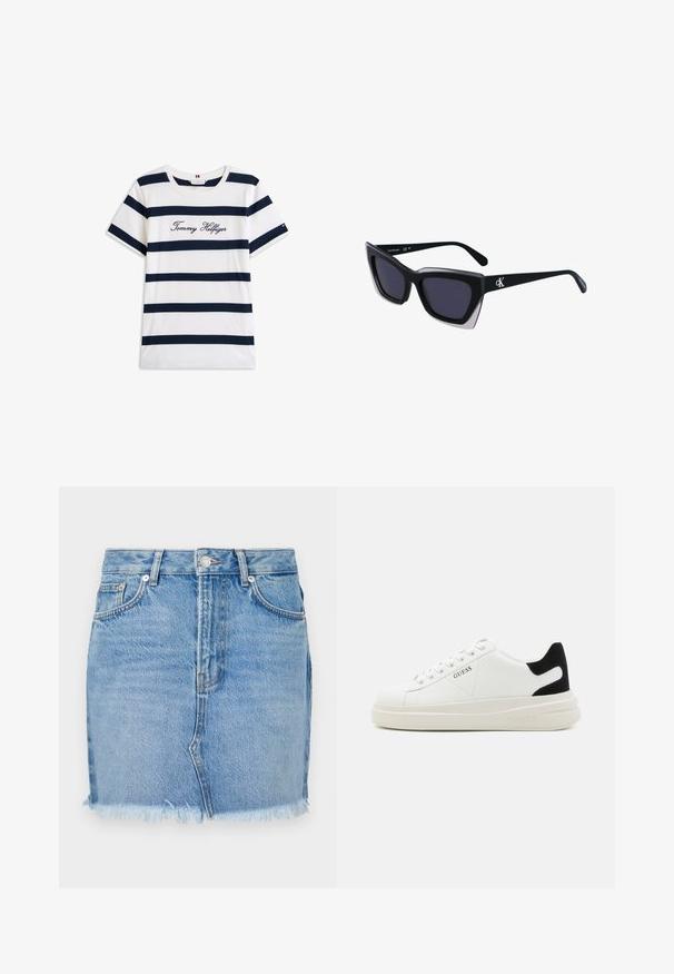 Koftet laget av bomull har horisontale marineblå striper på hvit bakgrunn. "Tommy Hilfiger" brodert i kursiv på brystet. Rund hals.; Blå denimskjørt med en tettsittende design, uferdig kant og klassiske frontlommer. Glatt tekstur med lett falming for en uformell stil.; Hvite lær sneakers med tykk hvit såle, svart semsket hælforsterkning og preget logo på siden. Snøresystem med seks hull.; Store svarte solbriller i overdimensjonert størrelse med geometrisk form, med mørke linser og en kontrasterende grå detalj på rammen. Logo på armen.