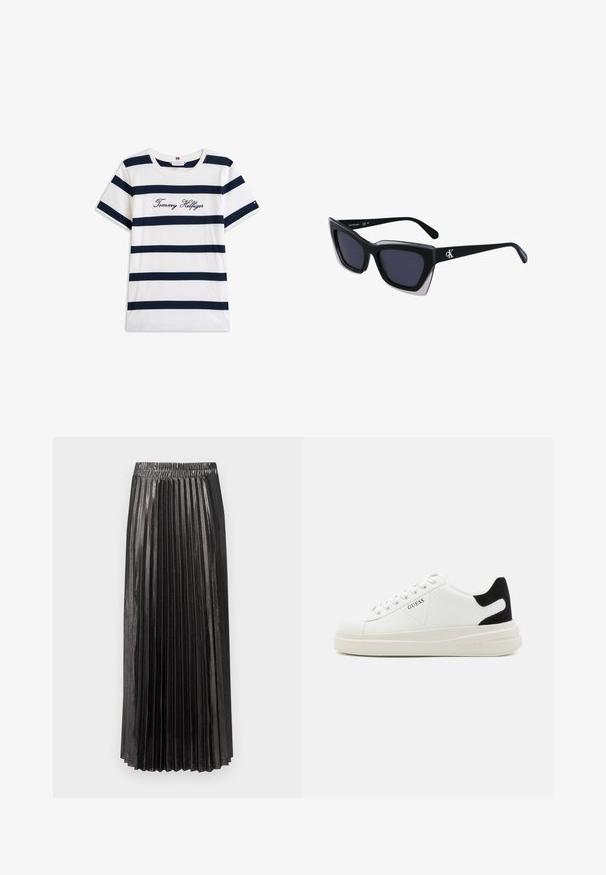 Puuvillainen t-paita, jossa on vaakasuoria tummansinisiä raitoja valkoisella taustalla. "Tommy Hilfiger" brodeerattu kursiivilla rintamuksessa. Pyöreä kaula-aukko.; Mustat kääntötaskumekko, jossa on joustava vyötärö, kiiltävä ja teksturoitu pinta sekä pystyfaldet koko pituudelta.; Valkoiset nahkakengät paksulla valkoisella pohjalla, mustalla mokkanahkaosuudella kannassa ja kohokuvioitu logo sivulla. Nauhakeskitys kuudella reiällä.; Mustat ylisuuret aurinkolasit, joissa on geometrinen muoto, tummat linssit ja kehykseen erottuva harmaa yksityiskohta. Logo varressa.; Hopehopeet hopehopeet hopehopeet hopehopeet, jolla on sileä, kiiltävä pinta. Pyöreä muoto, kevyt rakenne, jossa on neulakiinnitys.