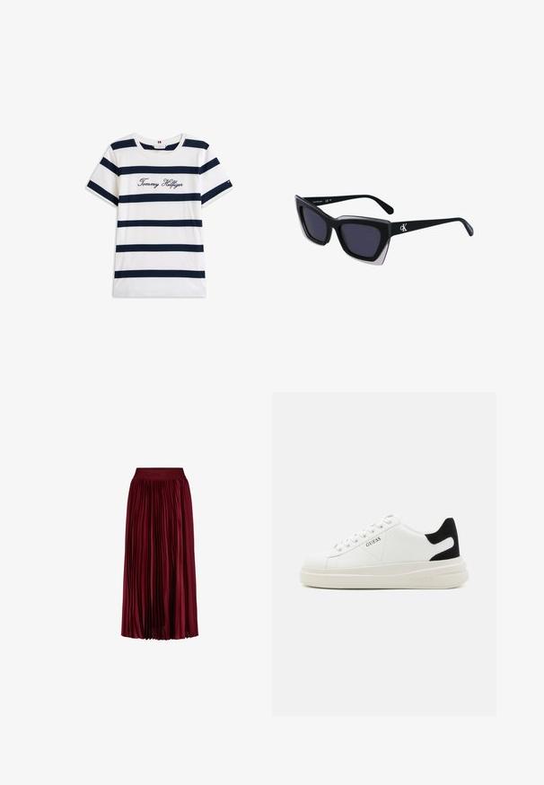 Kokvilnas T-krekls ar horizontālām tumši zilām svītrām uz balta fona. "Tommy Hilfiger" izšūts skriptā uz krūšu daļas. Cauruma apkakle.; Burgundijas krāsas krokota midi svārki ar elastīgu jostu, kurā ir smalki iegravēts zīmola nosaukums.; Baltas ādas sporta apavi ar biezu balto zoli, melna zamša uzpura un izspiestais logotips sānos. Šņorējuma dizains ar sešiem acu caurumiem.; Melni pārmēru saulesbrilles ar ģeometrisku formu, kas aprīkotas ar tumšiem stikliem un kontrastējošu pelēku akcentu uz rāmja. Logo uz kājas.