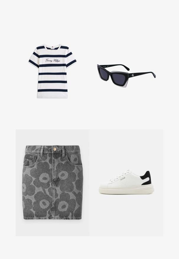 Puuvillainen t-paita, jossa on vaakasuoria tummansinisiä raitoja valkoisella taustalla. "Tommy Hilfiger" brodeerattu kursiivilla rintamuksessa. Pyöreä kaula-aukko.; Harmaa farkkuhame, jossa musta kukkakuosi. Ominaisuuksiin kuuluu kaksi etutaskua, napitus ja suora leikkaus.; Valkoiset nahkakengät paksulla valkoisella pohjalla, mustalla mokkanahkaosuudella kannassa ja kohokuvioitu logo sivulla. Nauhakeskitys kuudella reiällä.; Mustat ylisuuret aurinkolasit, joissa on geometrinen muoto, tummat linssit ja kehykseen erottuva harmaa yksityiskohta. Logo varressa.