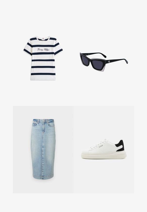 Puuvillainen t-paita, jossa on vaakasuoria tummansinisiä raitoja valkoisella taustalla. "Tommy Hilfiger" brodeerattu kursiivilla rintamuksessa. Pyöreä kaula-aukko.; Vaaleansininen farkuhame, jossa on nappikiinnitys, taskut ja pystysaumat. Sileä pinta, polveen saakka ulottuva malli.; Valkoiset nahkakengät paksulla valkoisella pohjalla, mustalla mokkanahkaosuudella kannassa ja kohokuvioitu logo sivulla. Nauhakeskitys kuudella reiällä.; Mustat ylisuuret aurinkolasit, joissa on geometrinen muoto, tummat linssit ja kehykseen erottuva harmaa yksityiskohta. Logo varressa.