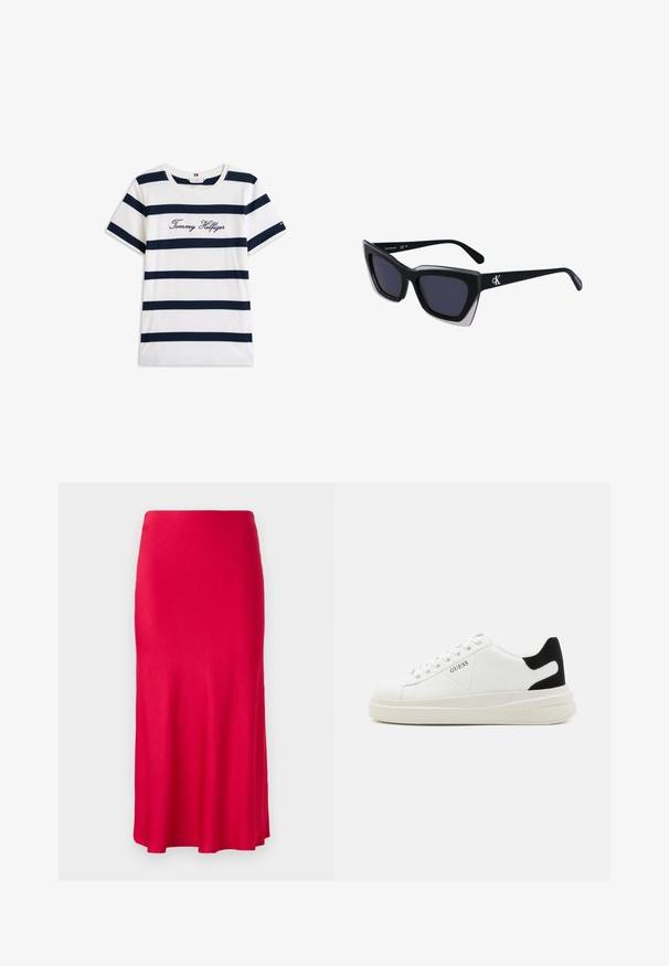 T-shirt i bomull med horisontella marinblå ränder på vit bakgrund. "Tommy Hilfiger" broderat i kursiv på bröstet. Rund halsringning.; Röd, midilång kjol gjord av slätt, elastiskt tyg. Tilsittande upptill med en urtagen nederdel och utan synliga knäppningar eller mönster.; Vita lädersneakers med en tjock vit sula, svartsuede hälaccent och präglad logotyp på sidan. Snörningsdesign med sex öglor.; Svart överdimensionerade solglasögon med geometrisk form, med mörka linser och en kontrasterande grå detalj på ramen. Logotyp på bygeln.