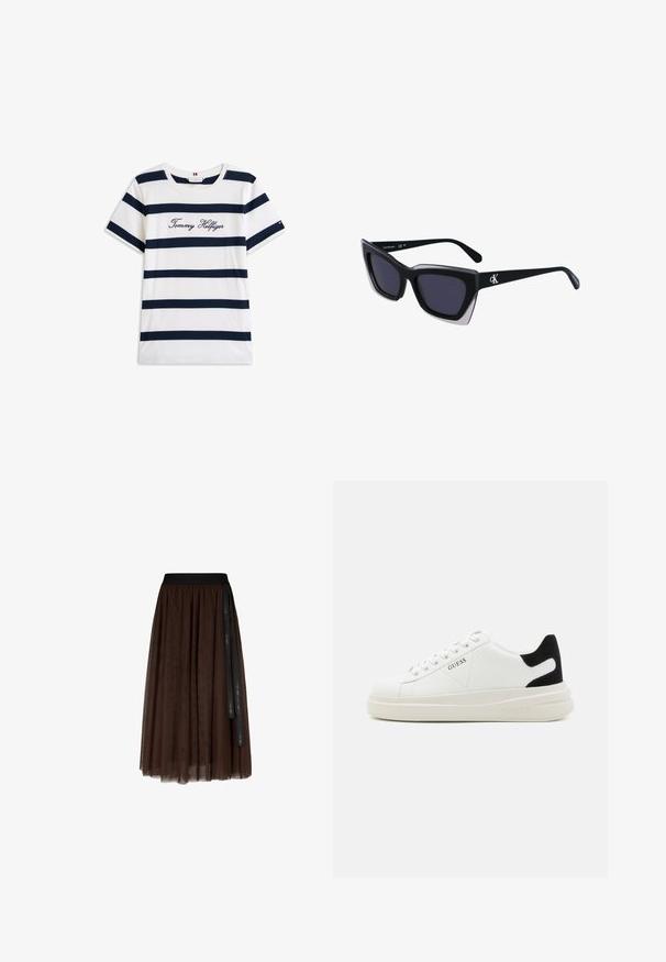 Fehér alapú, vízszintes sötétkék csíkos pamut póló. A mellkason írásos stílusban hímzett "Tommy Hilfiger" felirat. Kerek nyakú.; Barna midi hosszúságú tüllszoknya fekete elasztikus derékkal és hosszú fekete szalaggal az egyik oldalon.; Fehér bőr sportcipők vastag fehér talppal, fekete velúr sarokpikkelyel és dombornyomott logóval az oldalon. Fűzős kialakítás, hat fűzőlyukkal.; Fekete, nagyméretű napszemüveg geometrikus formával, sötét lencsékkel és kontrasztos szürke részlettel a kereten. Logó a szárán.