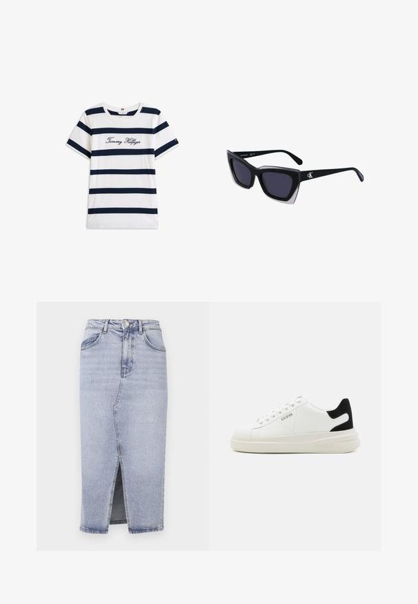 Pamučna majica s horizontalnim tamnoplave pruge na bijeloj pozadini. "Tommy Hilfiger" izvezeno kurzivom na prsima. Okrugli izrez.; Svijetloplavi traperica suknja s visokim strukom, ravnog kroja, prednjim prorezom i dva stražnja džepa. Ima zatvaranje na dugme i diskretne šavove.; Bijele kožne tenisice s debelim bijelim potplatom, crnim zamšastim akcentom na peti i ugraviranim logom sa strane. Dizajn s vezicama i šest rupa za vezivanje.; Crne oversize sunčane naočale geometrijskog oblika, s tamnim staklima i kontrastnom sivom dekoracijom na okviru. Logo na dršci.