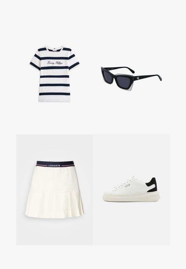 T-shirt i bomuld med vandrette marineblå striber på en hvid baggrund. "Tommy Hilfiger" broderet i kursiv på brystet. Rund hals.; Hvid plisseret nederdel med en marineblå talje, der har et Lacoste-logo og røde detaljer. Lavet af et glat, blødt materiale.; Hvide lædersneakers med en tyk hvid sål, sort ruskindhælvægt og prægede logoer på siden. Snørebåndsdesign med seks øjer.; Store sorte oversized solbriller med geometrisk form, med mørke linser og en kontrasterende grå detalje på stellet. Logo på armen.