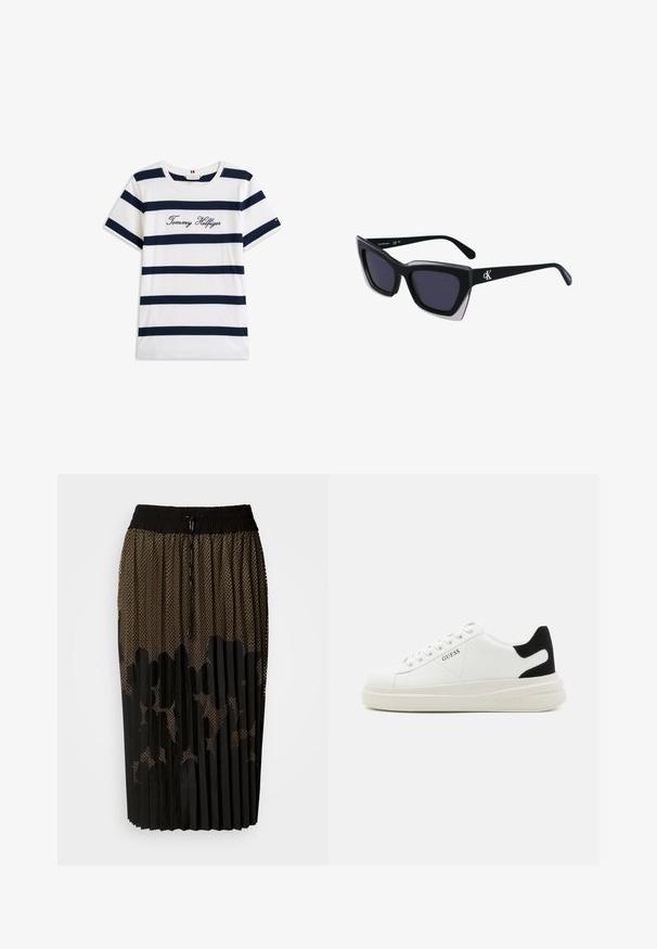 Tricou din bumbac cu dungi orizontale bleumarin pe un fundal alb. "Tommy Hilfiger" brodat în stil cursiv pe piept. Decolteu rotund.; Fustă neagră plisată cu un overlay din plasă, având un model cu puncte, talie elastică cu șnur și o tăietură de lungime medie.; Adidași din piele albă cu o talpă groasă albă, accent de călcâi din suede negru și logo embosat pe lateral. Design cu șireturi și șase orificii.; Ochelari de soare supradimensionați, negri, cu o formă geometrică, având lentile întunecate și un detaliu gri contrastant pe ramă. Logo pe braț.