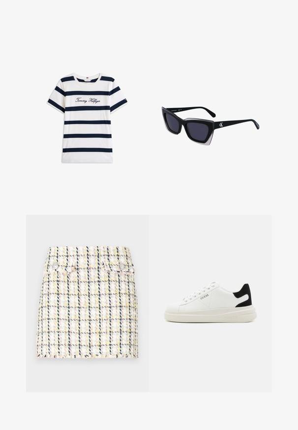 Cotton T-shirt with horizontal navy stripes on a white background. "Tommy Hilfiger" embroidered in cursive on the chest. Crew neckline.; Tweed mini skirt featuring a multicolor check pattern, frayed hem, and two metallic button accents on the front.; White leather sneakers with a thick white sole, black suede heel accent, and embossed logo on the side. Laced design with six eyelets.; Black oversized sunglasses with a geometric shape, featuring dark lenses and a contrasting grey detail on the frame. Logo on the arm.