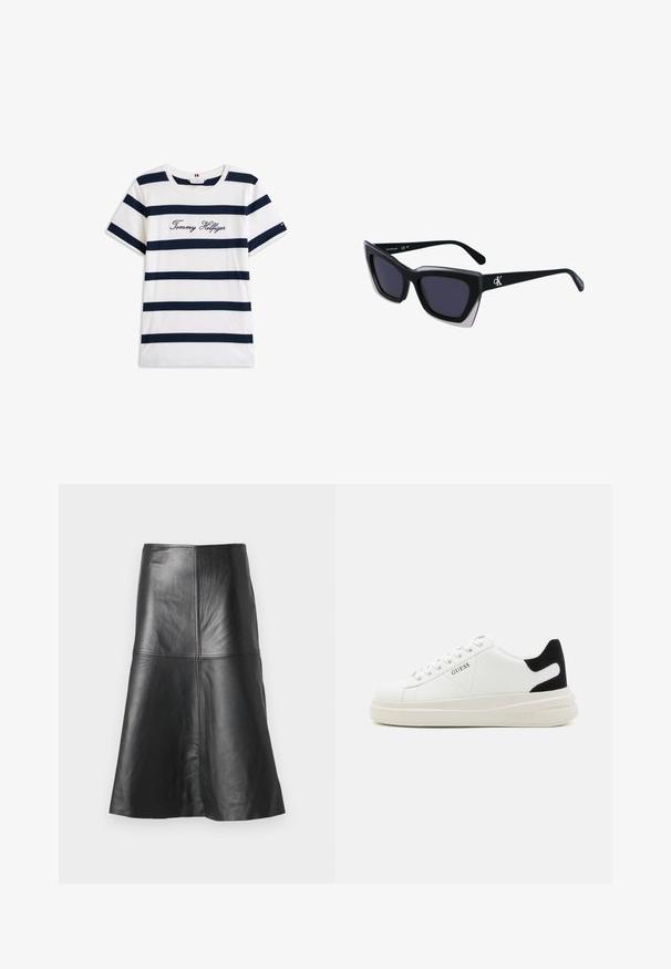 Fehér alapú, vízszintes sötétkék csíkos pamut póló. A mellkason írásos stílusban hímzett "Tommy Hilfiger" felirat. Kerek nyakú.; Fekete bőr A-vonalú szoknya, varrásokkal és sima felülettel, amely a szegély felé keskenyedik. Egyszerű kivitel, további díszítések nélkül.; Fehér bőr sportcipők vastag fehér talppal, fekete velúr sarokpikkelyel és dombornyomott logóval az oldalon. Fűzős kialakítás, hat fűzőlyukkal.; Fekete, nagyméretű napszemüveg geometrikus formával, sötét lencsékkel és kontrasztos szürke részlettel a kereten. Logó a szárán.
