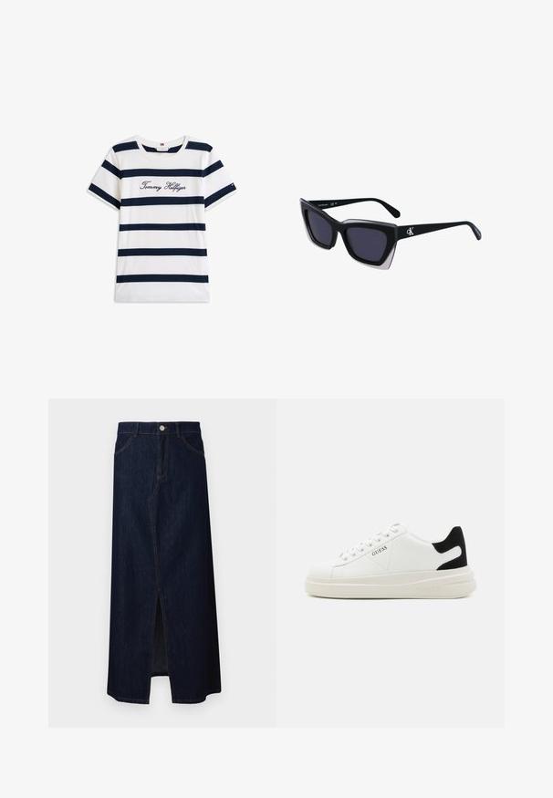 Puuvillainen t-paita, jossa on vaakasuoria tummansinisiä raitoja valkoisella taustalla. "Tommy Hilfiger" brodeerattu kursiivilla rintamuksessa. Pyöreä kaula-aukko.; Tumman denimin maksihame etuosassa halkiolla, viisi taskua, vetoketjuläppä ja kontrastiväriset ompeleet.; Valkoiset nahkakengät paksulla valkoisella pohjalla, mustalla mokkanahkaosuudella kannassa ja kohokuvioitu logo sivulla. Nauhakeskitys kuudella reiällä.; Mustat ylisuuret aurinkolasit, joissa on geometrinen muoto, tummat linssit ja kehykseen erottuva harmaa yksityiskohta. Logo varressa.