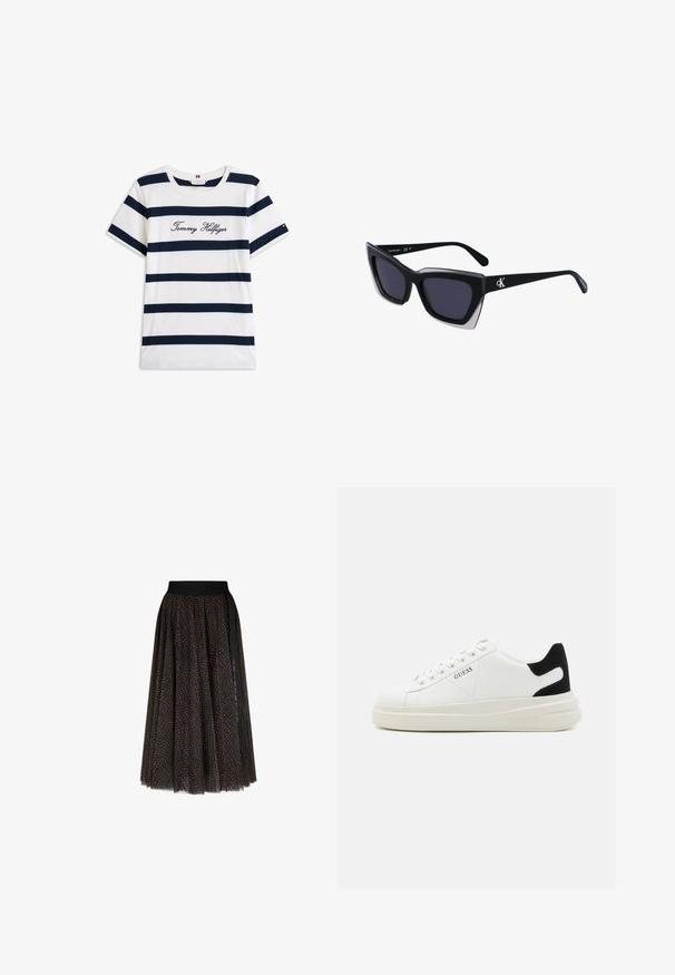 T-shirt en coton avec des rayures horizontales bleu marine sur un fond blanc. "Tommy Hilfiger" brodé en écriture cursive sur la poitrine. Encolure ras du cou.; Jupe midi à motifs marron et noir avec une taille élastique noire et un détail de rayure verticale noire sur un côté.; Baskets en cuir blanc avec une épaisse semelle blanche, un accent en daim noir au niveau du talon et un logo embossé sur le côté. Design à lacets avec six œillets.; Lunettes de soleil noires surdimensionnées avec une forme géométrique, dotées de verres foncés et d'un détail gris contrastant sur la monture. Logo sur la branche.