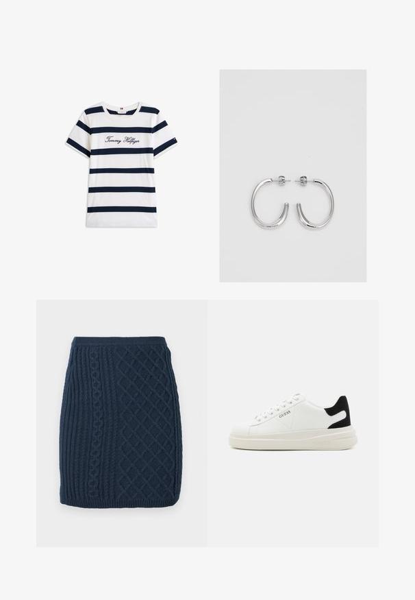 Katoenen T-shirt met horizontale marineblauwe strepen op een witte achtergrond. "Tommy Hilfiger" geborduurd in cursieve letters op de borst. Ronde hals.; Marineblauwe gebreide mini-jurk met rib- en kabelpatronen, met een gestructureerde afwerking en een aansluitende taille.; Witte leren sneakers met een dikke witte zool, zwarte suède hielaccent en een geperst logo op de zijkant. Vetersluiting met zes oogjes.; Zilveren oorringen met een gladde, glanzende afwerking. Ronde vorm, lichtgewicht ontwerp, voorzien van een post-back sluiting.