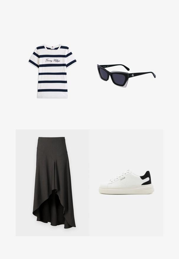 Tricou din bumbac cu dungi orizontale bleumarin pe un fundal alb. "Tommy Hilfiger" brodat în stil cursiv pe piept. Decolteu rotund.; Fustă închisă la culoare, cu talie înaltă și tiv asimetric. Realizată dintr-un material neted, cu o textură subtilă și o siluetă curată. Închidere cu fermoar.; Adidași din piele albă cu o talpă groasă albă, accent de călcâi din suede negru și logo embosat pe lateral. Design cu șireturi și șase orificii.; Ochelari de soare supradimensionați, negri, cu o formă geometrică, având lentile întunecate și un detaliu gri contrastant pe ramă. Logo pe braț.; Cercei creole din argint cu suprafață netedă și lucioasă, având o formă curbată și închidere cu tija. Design minimalist cu un finisaj modern.