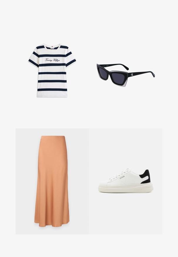 T-shirt i bomuld med vandrette marineblå striber på en hvid baggrund. "Tommy Hilfiger" broderet i kursiv på brystet. Rund hals.; Lang, flagrende nederdel i et blødt, ferskenfarvet stof. Har en glat taljeelastik og falder blødt til en indsnævret kant. Ingen synlige mønstre eller udsmykninger.; Hvide lædersneakers med en tyk hvid sål, sort ruskindhælvægt og prægede logoer på siden. Snørebåndsdesign med seks øjer.; Store sorte oversized solbriller med geometrisk form, med mørke linser og en kontrasterende grå detalje på stellet. Logo på armen.