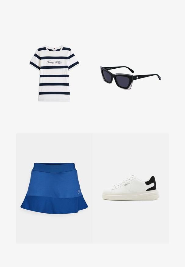 Bombažna majica s horizontalnimi mornarsko modrimi črtami na belem ozadju. "Tommy Hilfiger" izvezeno v kurzivni pisavi na prsih. Okrugli izrez.; Modra atletika krilo z oprijetim pasom in razširjenim robom. Narejeno iz gladkega, lahkega materiala z diskretno podrobnostjo logotipa.; Bele usnjene športne copate z debelim belim podplatom, črnimi semišnimi detajli na peti in utisnjenim logotipom na strani. Zavezovanje s šestimi luknjicami.; Črne prevelike sončne očala geometrijske oblike, z temnimi lečami in kontrastno sivo podrobnostjo na okvirju. Logo na ročaju.