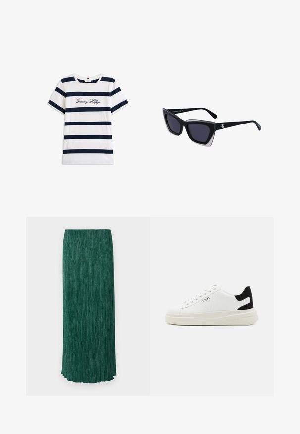 T-shirt i bomuld med vandrette marineblå striber på en hvid baggrund. "Tommy Hilfiger" broderet i kursiv på brystet. Rund hals.; Lang grøn nederdel med en struktureret overflade, der har lodrette folder og en subtil glans. Den har en lige silhuet og en scalloperet kant.; Hvide lædersneakers med en tyk hvid sål, sort ruskindhælvægt og prægede logoer på siden. Snørebåndsdesign med seks øjer.; Store sorte oversized solbriller med geometrisk form, med mørke linser og en kontrasterende grå detalje på stellet. Logo på armen.