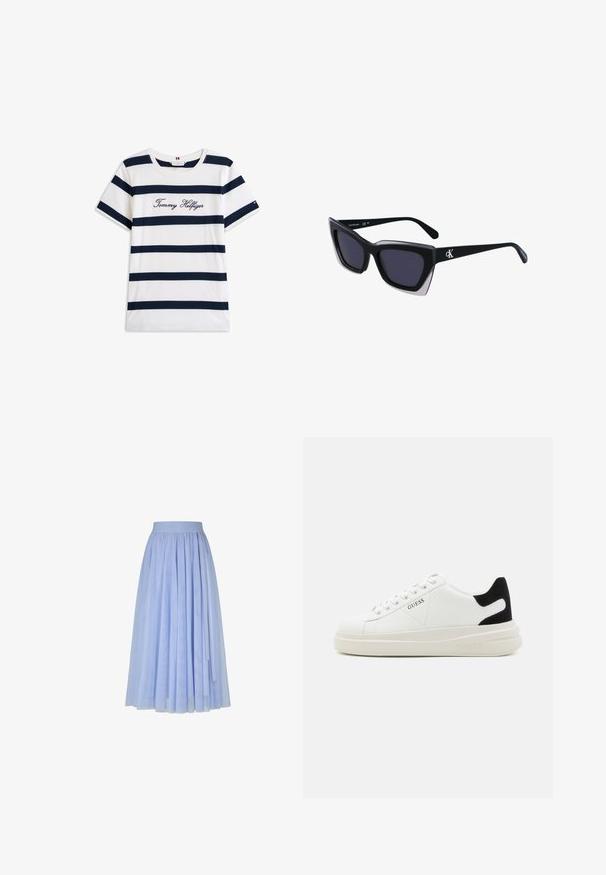 Puuvillainen t-paita, jossa on vaakasuoria tummansinisiä raitoja valkoisella taustalla. "Tommy Hilfiger" brodeerattu kursiivilla rintamuksessa. Pyöreä kaula-aukko.; Vaaleansininen laskostettu midi-hame, jossa on elastinen vyötärö ja hienovaraisia kohokuvioituja brändimerkintöjä, sekä kerroksista koostuva läpikuultava kangas.; Valkoiset nahkakengät paksulla valkoisella pohjalla, mustalla mokkanahkaosuudella kannassa ja kohokuvioitu logo sivulla. Nauhakeskitys kuudella reiällä.; Mustat ylisuuret aurinkolasit, joissa on geometrinen muoto, tummat linssit ja kehykseen erottuva harmaa yksityiskohta. Logo varressa.