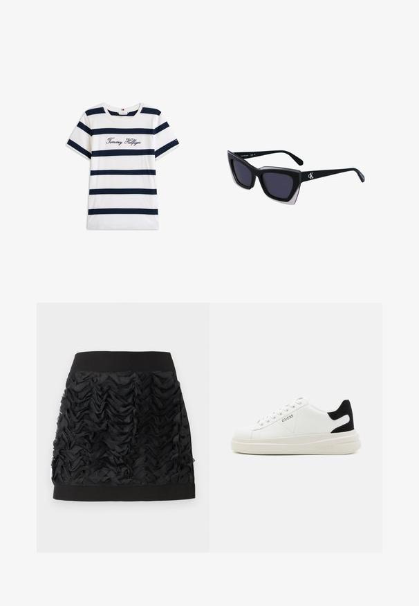 Bawełniana koszulka z poziomymi granatowymi paskami na białym tle. "Tommy Hilfiger" wyszyte kursywą na klatce piersiowej. Okrągły dekolt.; Czarna mini spódnica z falbaną z szyfonu z przodu, z gładkim czarnym pasem w talii. Falbany tworzą fakturę i ruch.; Białe skórzane sneakersy z grubą białą podeszwą, czarnym zamszowym akcentem na pięcie oraz wytłoczonym logotypem z boku. Projekt z sznurówkami i sześcioma dziurkami.; Czarne, oversize okulary przeciwsłoneczne o geometrycznym kształcie, z ciemnymi soczewkami i kontrastującym szarym detalem na oprawie. Logo na ramieniu.