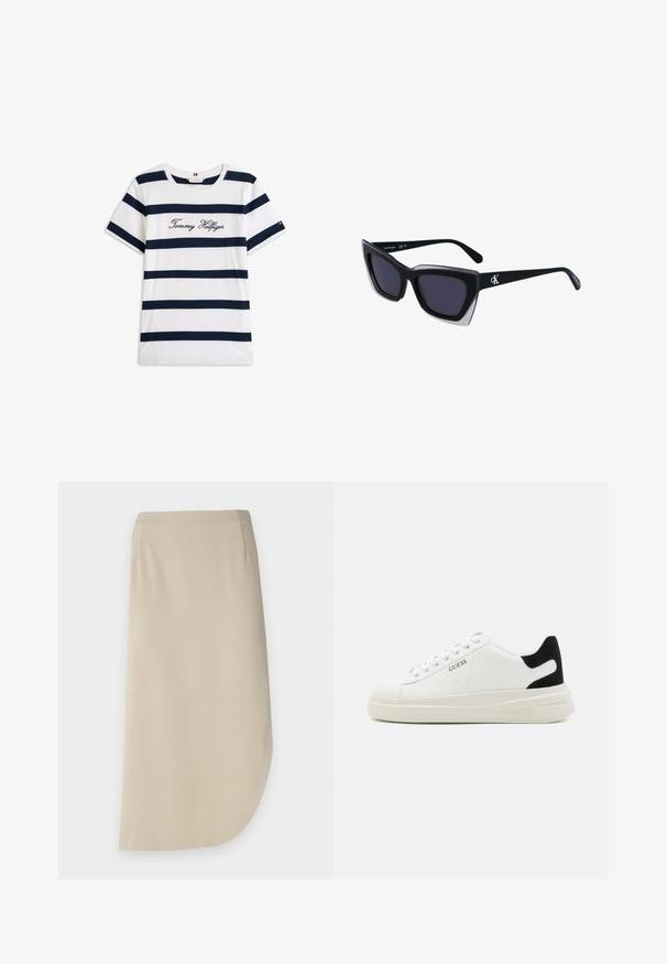 Tricou din bumbac cu dungi orizontale bleumarin pe un fundal alb. "Tommy Hilfiger" brodat în stil cursiv pe piept. Decolteu rotund.; Fustă bej până la genunchi, cu o textură moale, având un tiv curbat și buzunare laterale. Design minimalist fără închideri vizibile.; Adidași din piele albă cu o talpă groasă albă, accent de călcâi din suede negru și logo embosat pe lateral. Design cu șireturi și șase orificii.; Ochelari de soare supradimensionați, negri, cu o formă geometrică, având lentile întunecate și un detaliu gri contrastant pe ramă. Logo pe braț.; Cercei rotunzi din argint cu un finisaj neted și strălucitor. Design ușor, având o formă rotundă și închidere cu tijă.